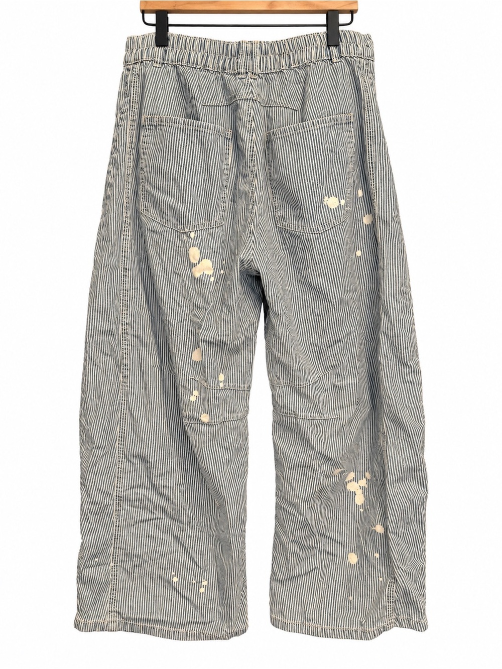 Blue Velvet Railroad Stripe Paint Splatter Barrel Pants - Picture 2 of 7